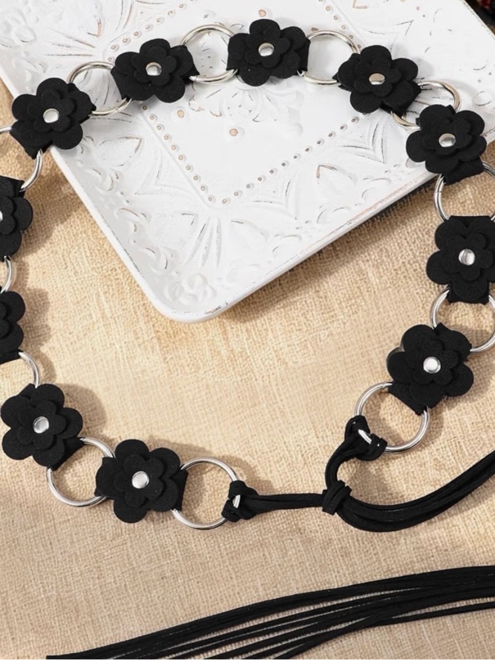 Black Floral Suede Belt - tie closure